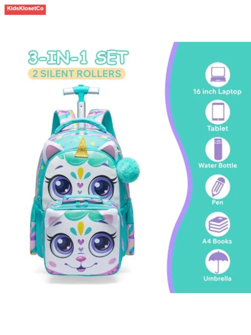 Kids Rolling Backpack with Wheels 3-Piece Set Trolley Luggage for Girls School